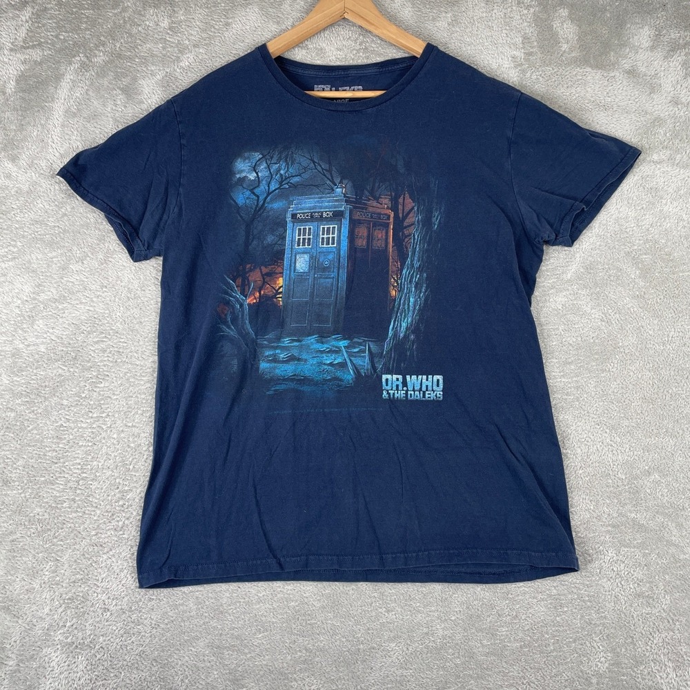 Dr Who Shirt Mens Large Navy Blue TARDIS Daleks Movie Graphic Tee 2015 BBC